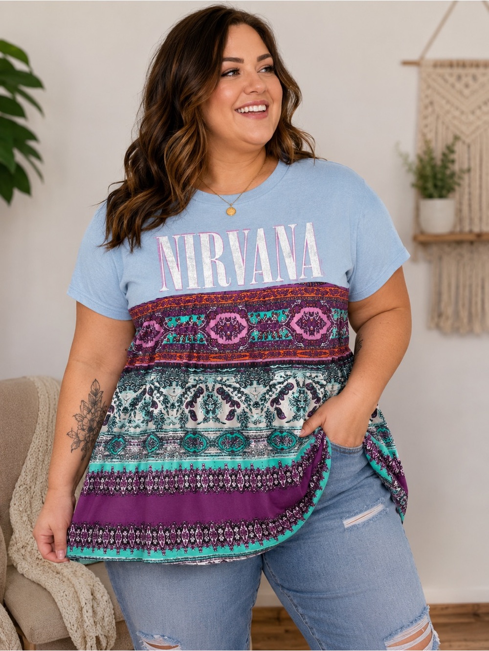 Upcycled NIRVANA Light Blue Tee with Purple and Teal Patchwork